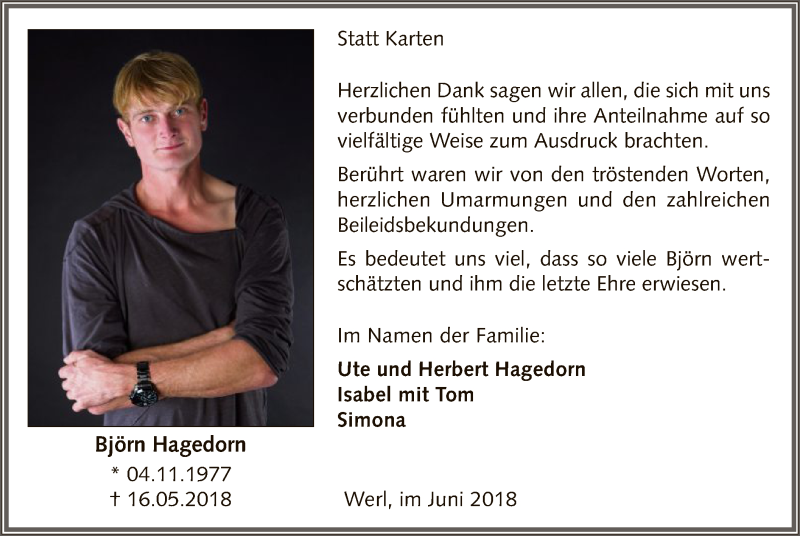  Traueranzeige für Björn Hagedorn vom 30.06.2018 aus MZV