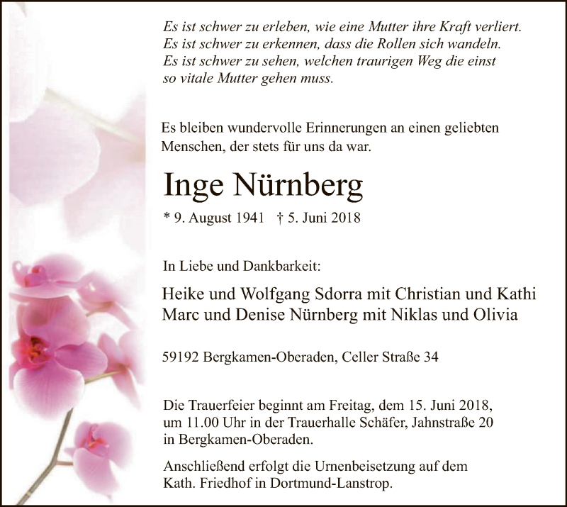  Traueranzeige für Inge Nürnberg vom 09.06.2018 aus MZV