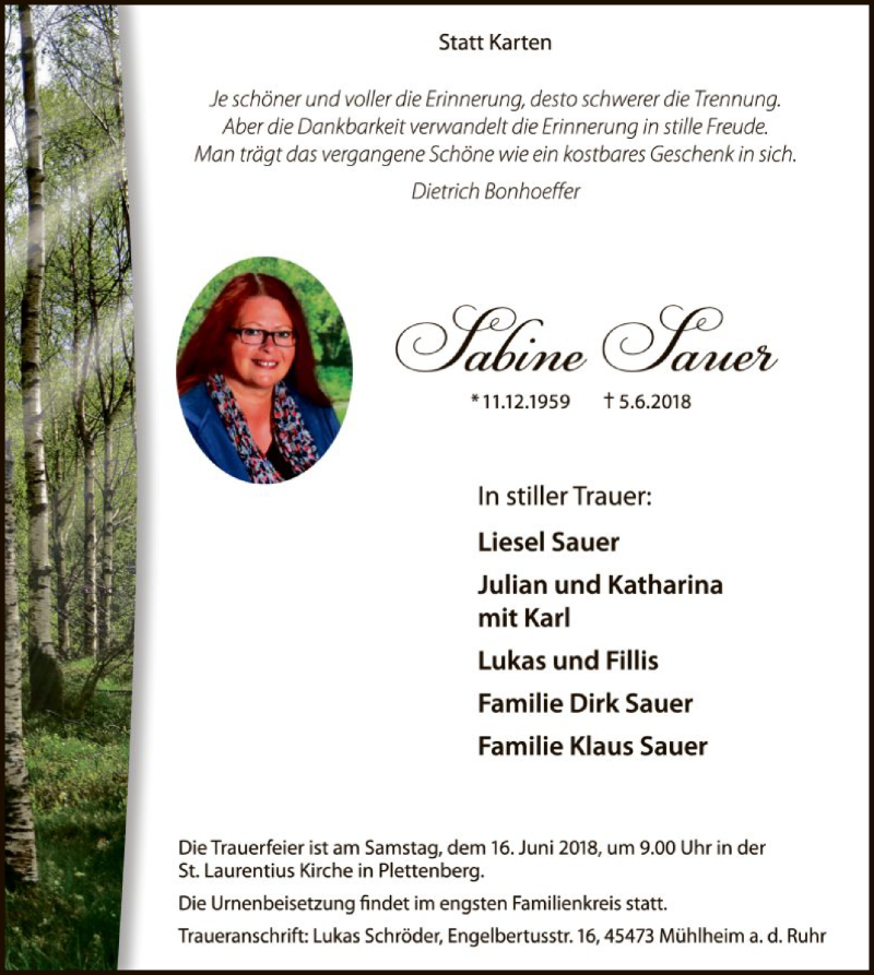  Traueranzeige für Sabine Sauer vom 13.06.2018 aus MZV
