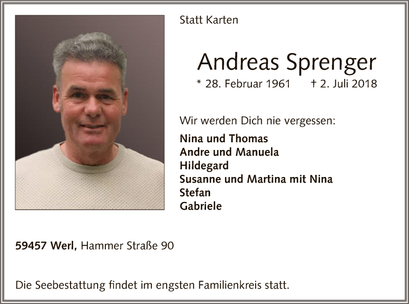  Traueranzeige für Andreas Sprenger vom 06.07.2018 aus MZV
