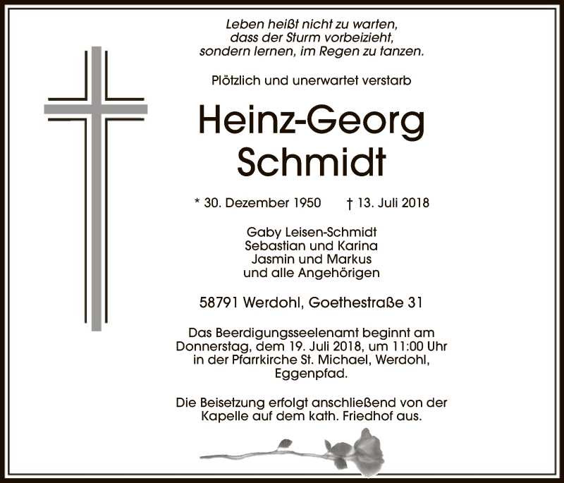  Traueranzeige für Heinz-Georg Schmidt vom 16.07.2018 aus MZV