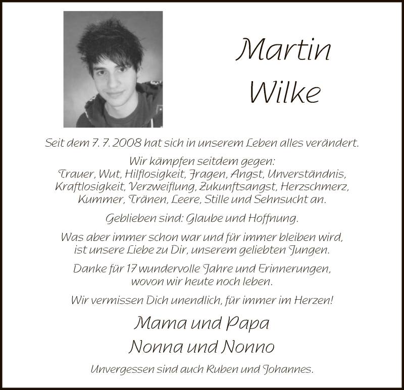  Traueranzeige für Martin Wilke vom 07.07.2018 aus MZV