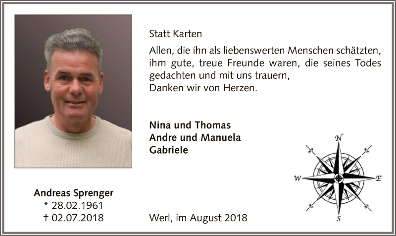  Traueranzeige für Andreas Sprenger vom 18.08.2018 aus MZV