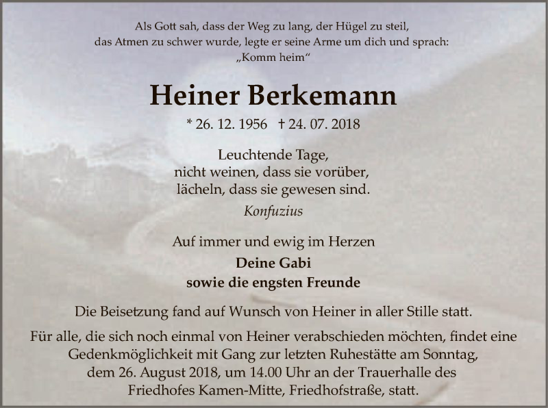  Traueranzeige für Heiner Berkemann vom 18.08.2018 aus MZV