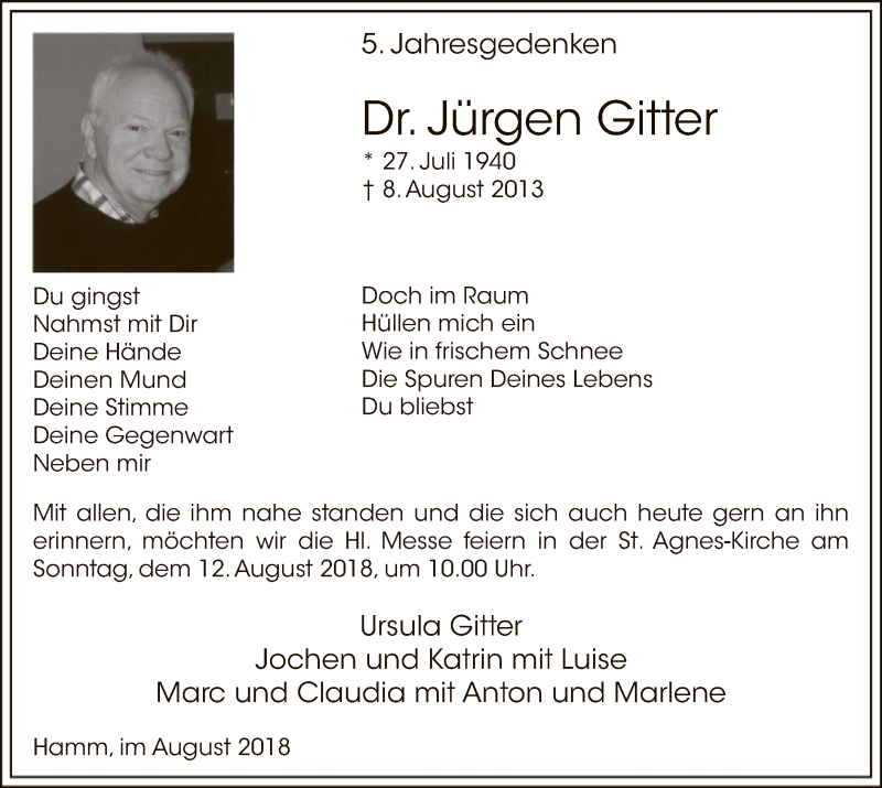  Traueranzeige für Jürgen Gitter vom 08.08.2018 aus MZV