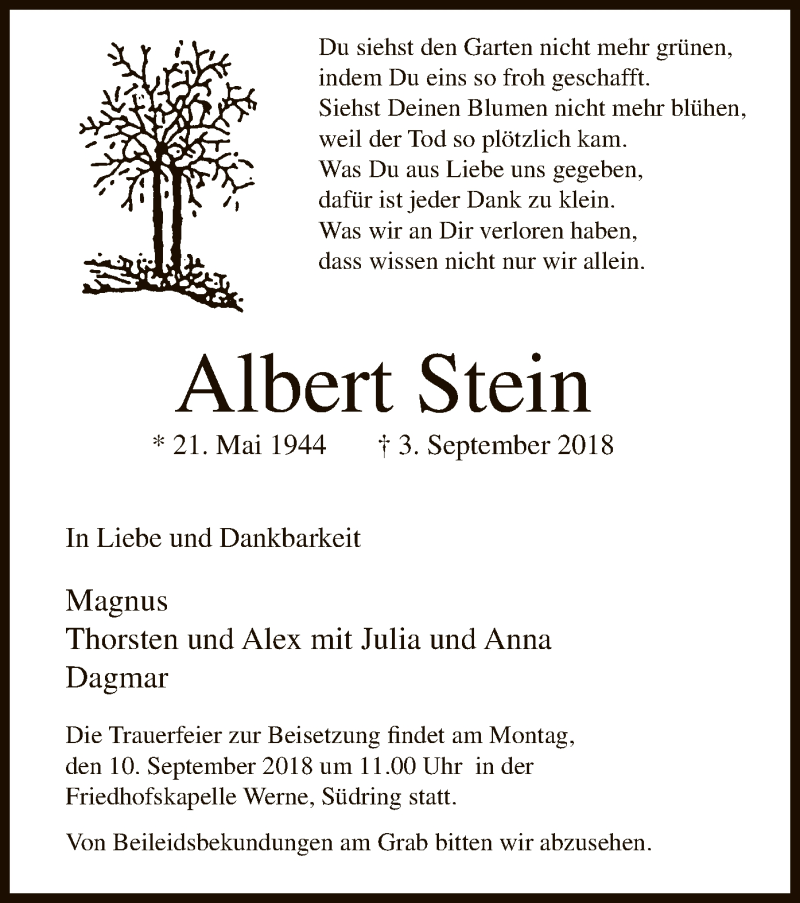  Traueranzeige für Albert Stein vom 06.09.2018 aus MZV