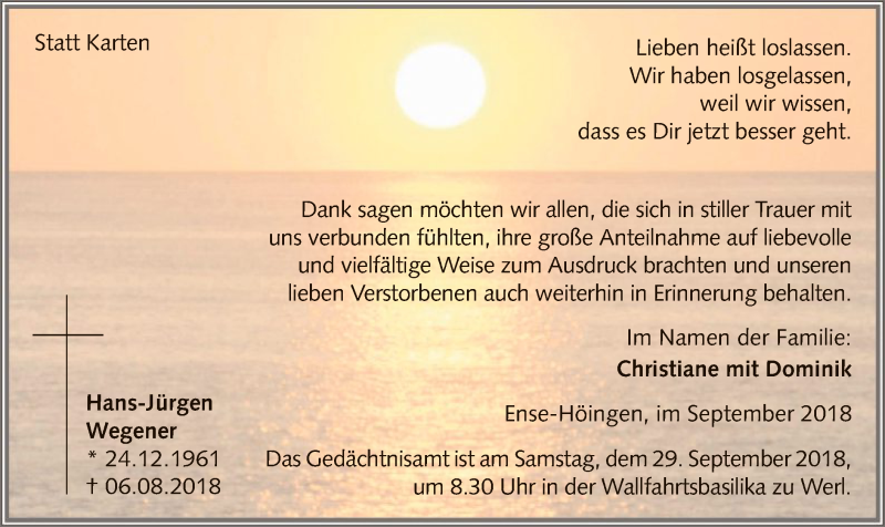  Traueranzeige für Hans-Jürgen Wegener vom 25.09.2018 aus MZV