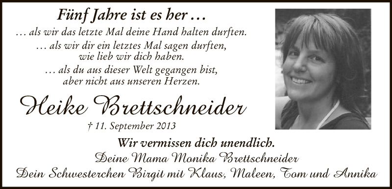  Traueranzeige für Heike Brettschneider vom 11.09.2018 aus MZV