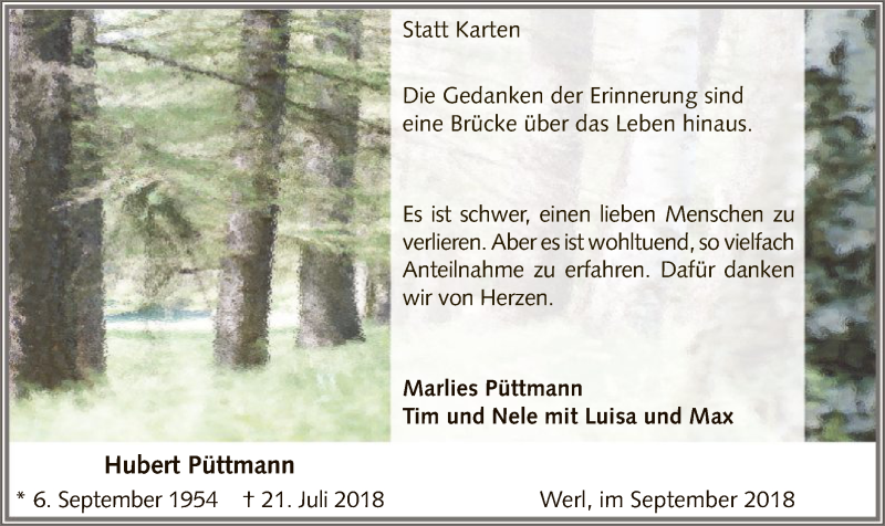  Traueranzeige für Hubert Püttmann vom 22.09.2018 aus MZV