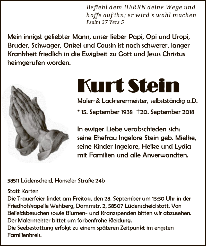  Traueranzeige für Kurt Stein vom 25.09.2018 aus MZV