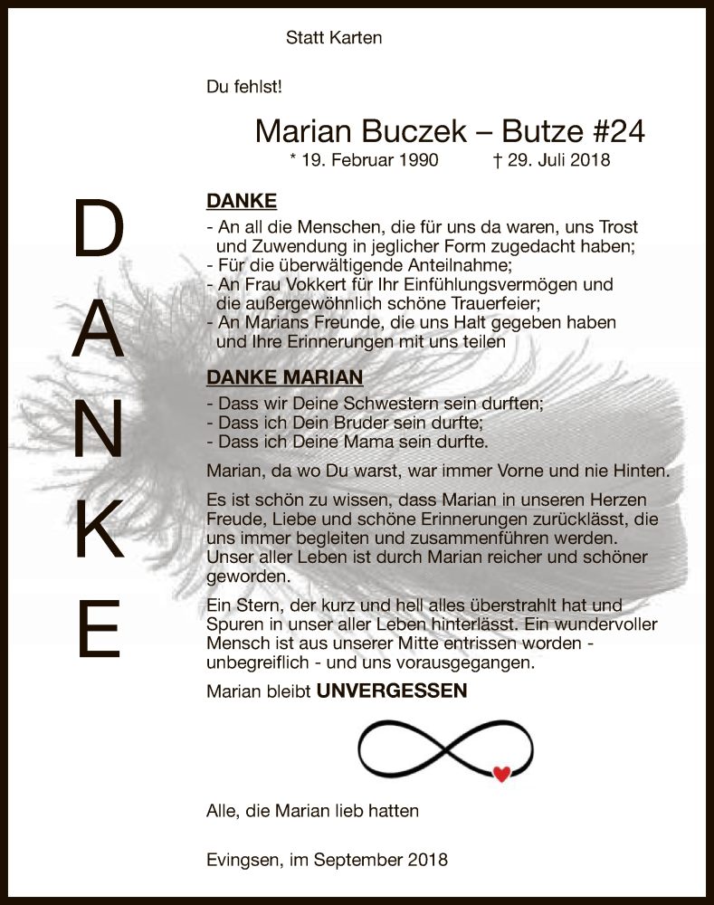  Traueranzeige für Marian Buczek vom 08.09.2018 aus MZV