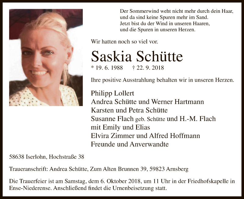  Traueranzeige für Saskia Schütte vom 26.09.2018 aus MZV