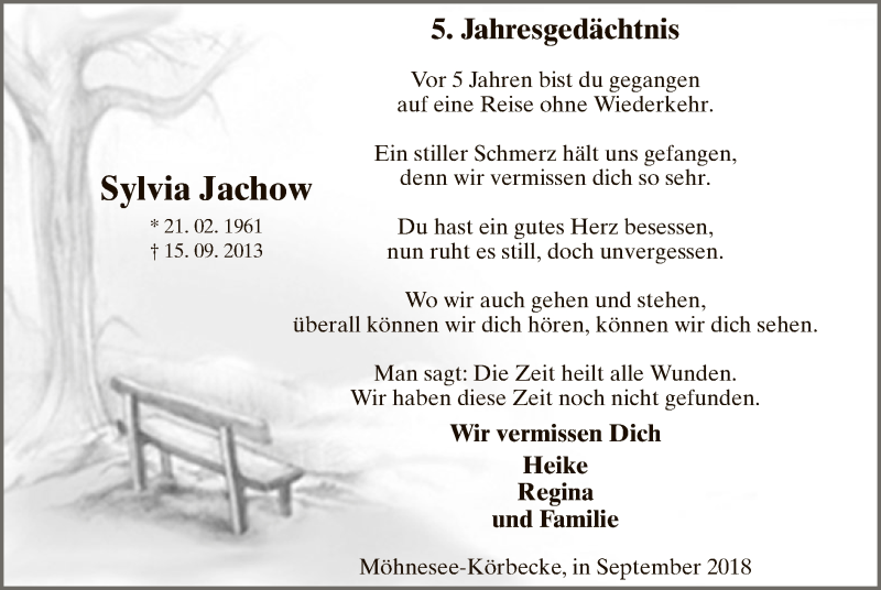  Traueranzeige für Sylvia Jachow vom 15.09.2018 aus MZV