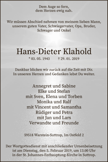 Traueranzeige von Hans-Dieter Klahold von MZV