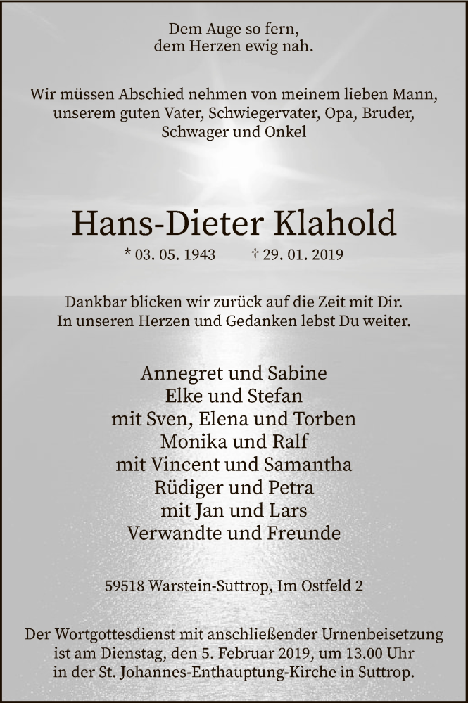  Traueranzeige für Hans-Dieter Klahold vom 30.01.2019 aus MZV