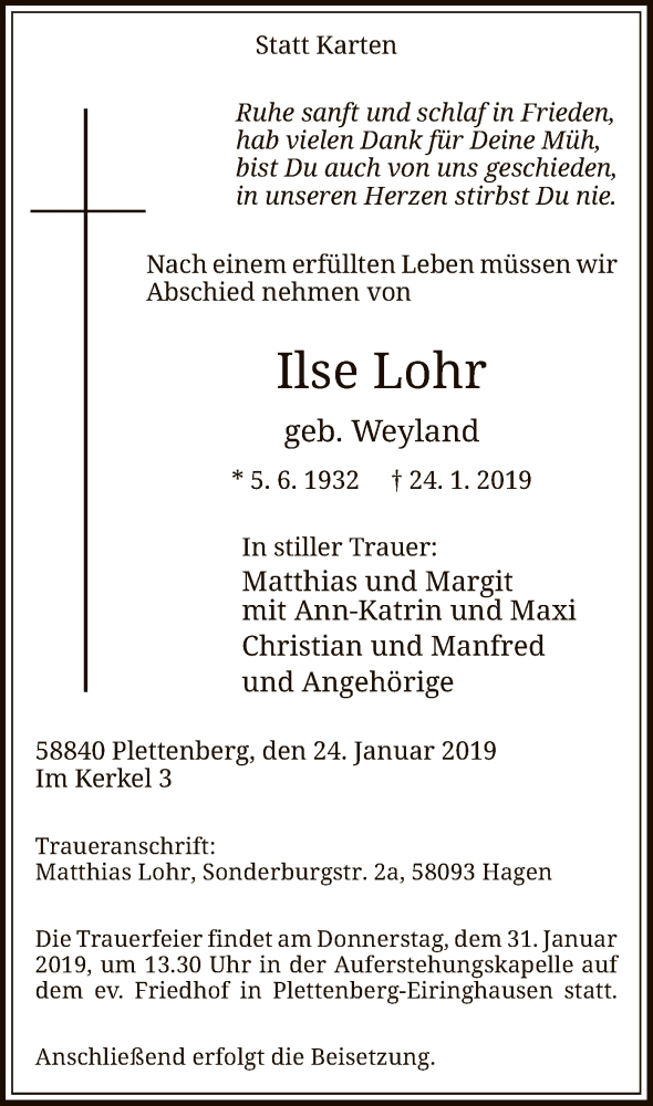  Traueranzeige für Ilse Lohr vom 25.01.2019 aus MZV