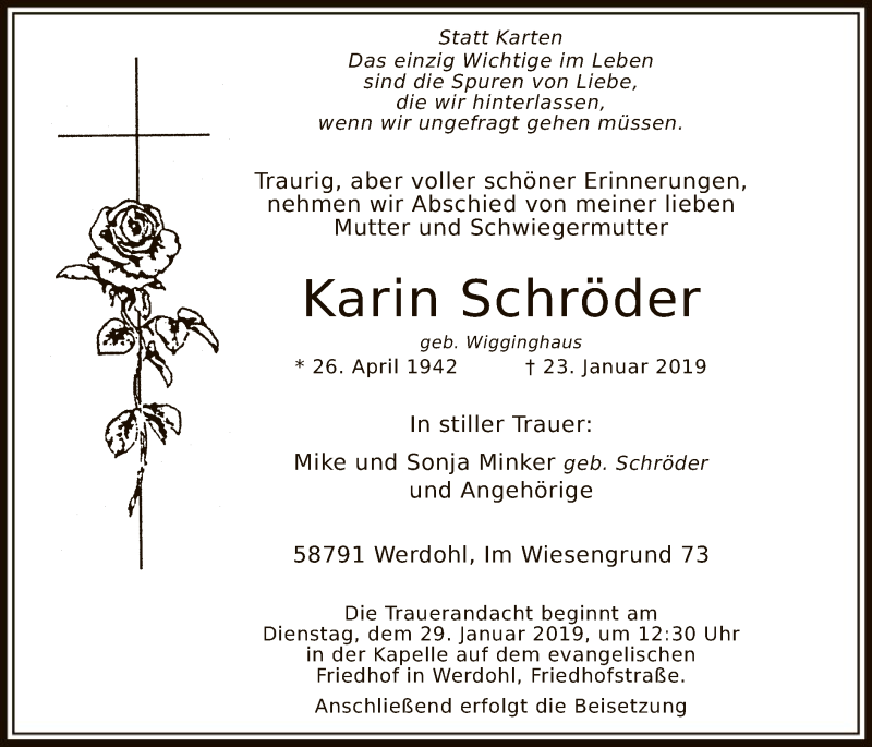  Traueranzeige für Karin Schröder vom 25.01.2019 aus MZV