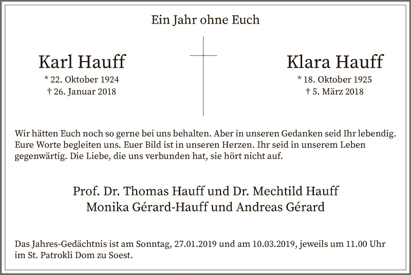  Traueranzeige für Karl und Klara Hauff vom 26.01.2019 aus MZV