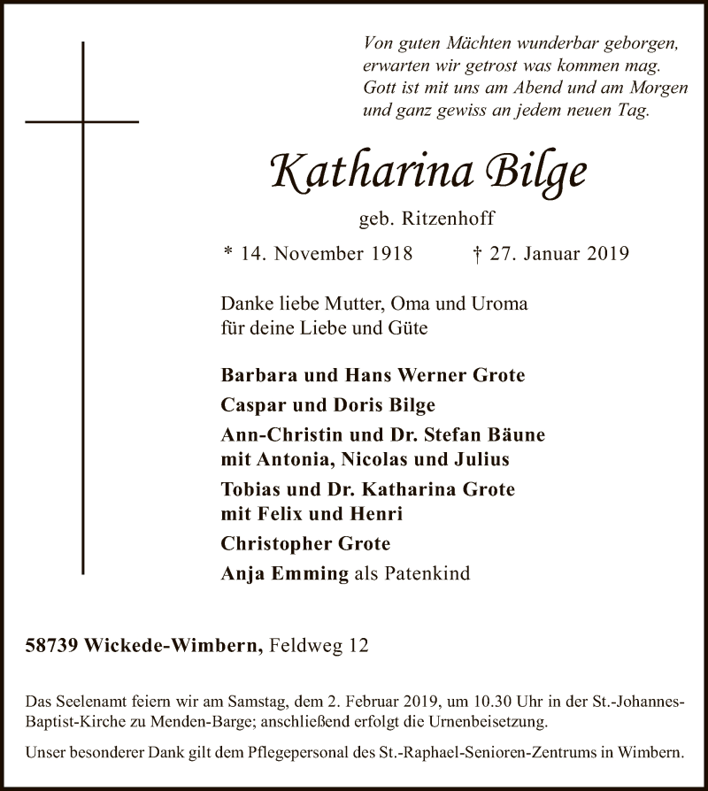  Traueranzeige für Katharina Bilge vom 29.01.2019 aus MZV