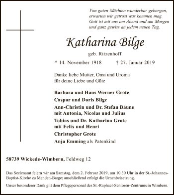 Traueranzeige von Katharina Bilge von MZV