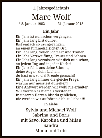 Traueranzeige von Marc Wolf von MZV