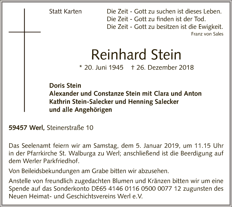  Traueranzeige für Reinhard Stein vom 03.01.2019 aus MZV