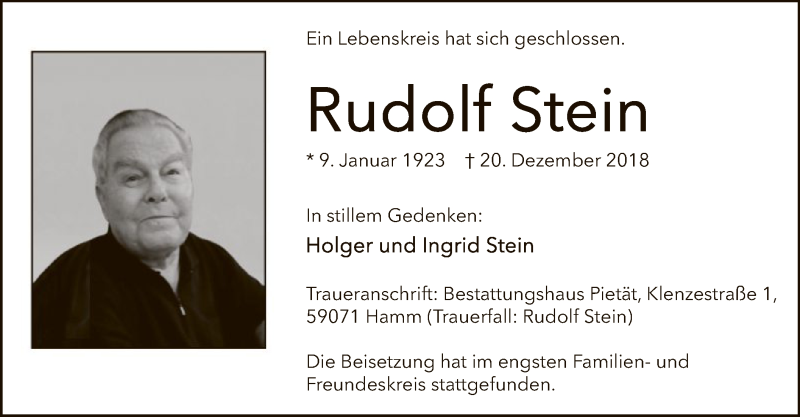  Traueranzeige für Rudolf Stein vom 12.01.2019 aus MZV