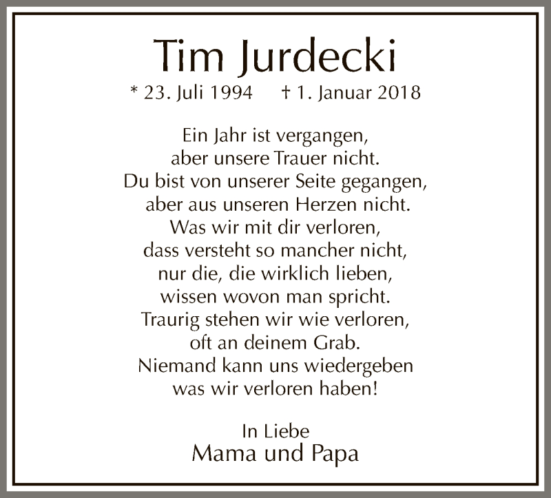  Traueranzeige für Tim Jurdecki vom 02.01.2019 aus MZV