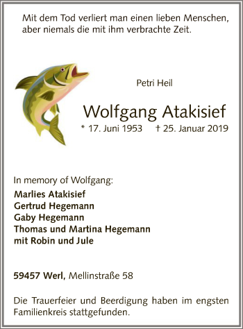 Traueranzeige von Wolfgang Atakisief von MZV
