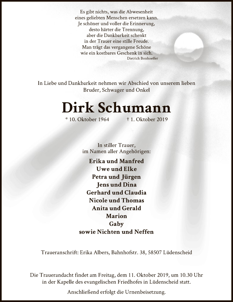  Traueranzeige für Dirk Schumann vom 05.10.2019 aus MZV