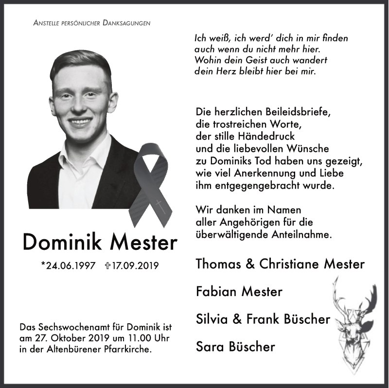  Traueranzeige für Dominik Mester vom 19.10.2019 aus MZV