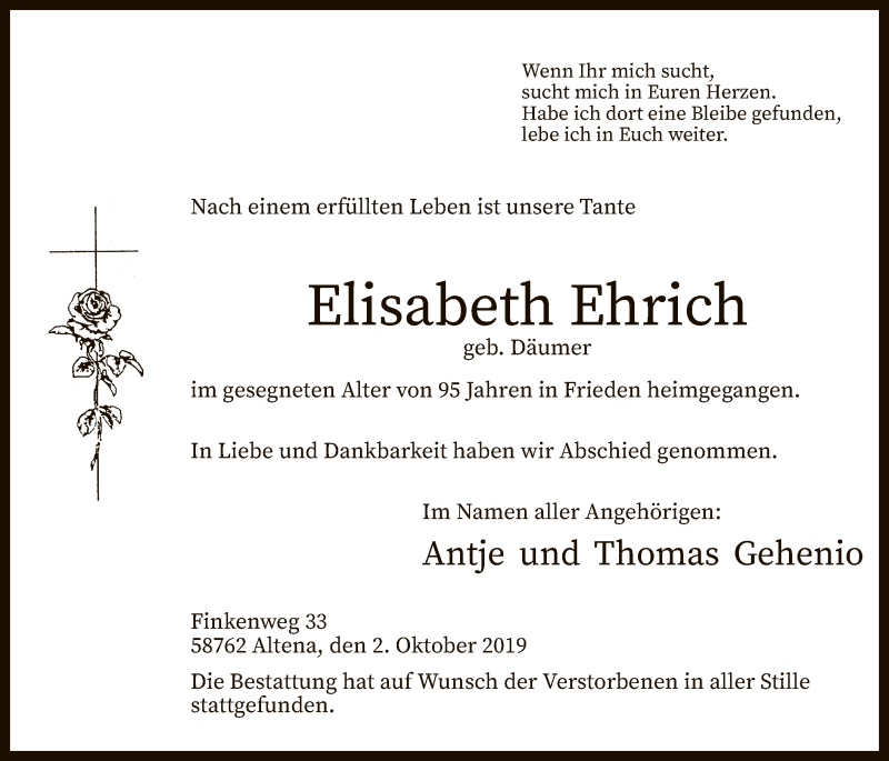  Traueranzeige für Elisabeth Ehrich vom 09.10.2019 aus MZV