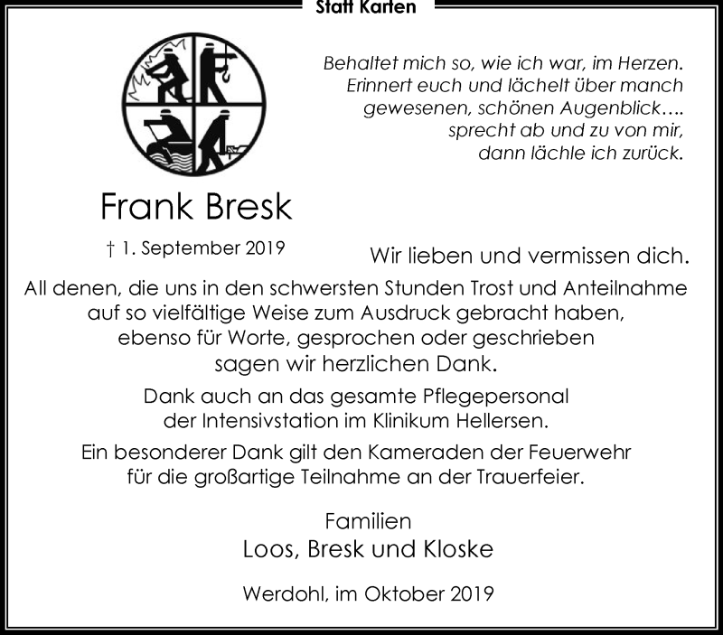  Traueranzeige für Frank Bresk vom 19.10.2019 aus MZV