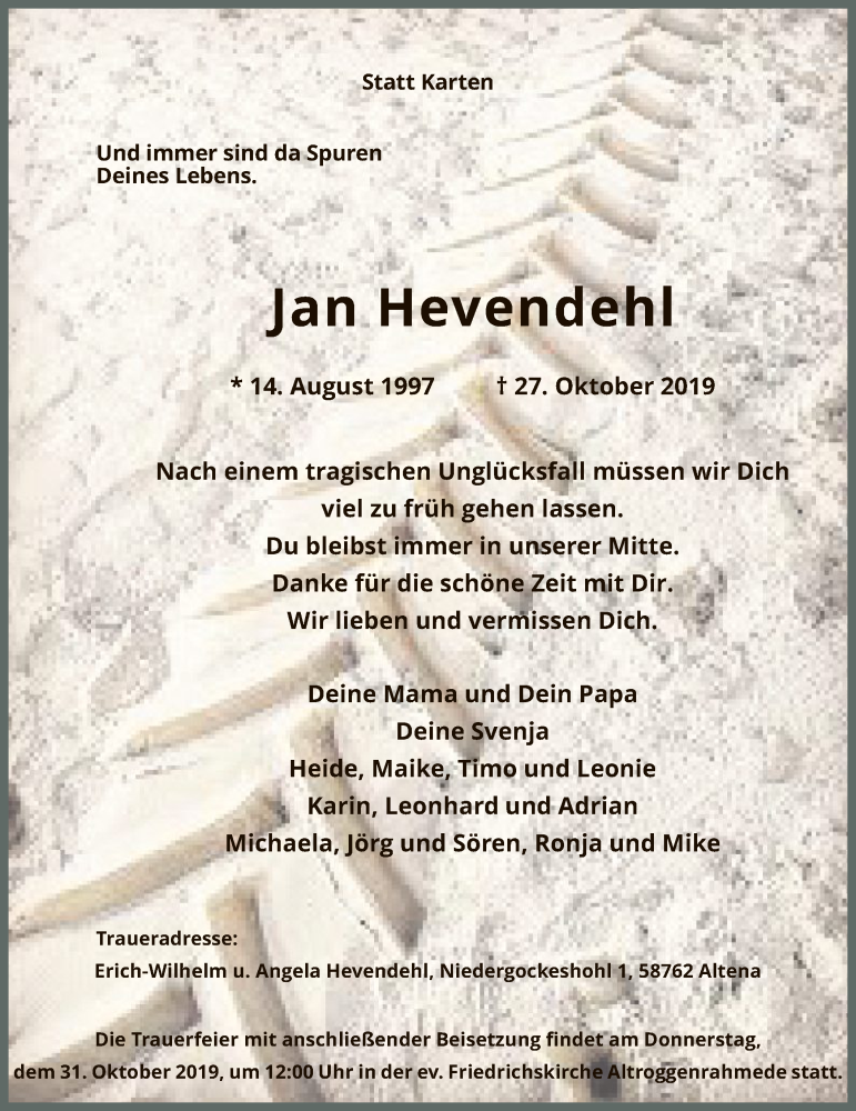  Traueranzeige für Jan Hevendehl vom 29.10.2019 aus MZV