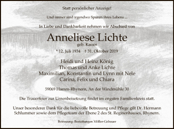 Traueranzeige von Anneliese Lichte von MZV