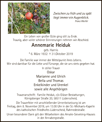 Traueranzeige von Annemarie Heiduk von MZV