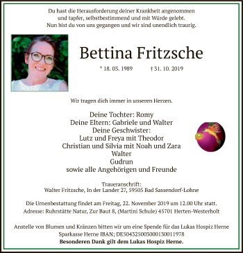 Traueranzeige von Bettina Fritzsche von MZV