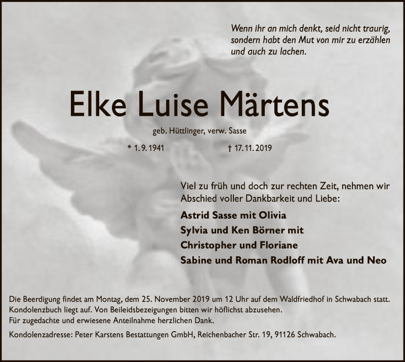  Traueranzeige für Elke Luise Märtens vom 23.11.2019 aus MZV