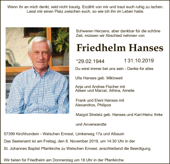 Traueranzeige von Friedhelm Hanses von MZV