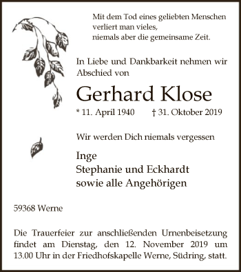 Traueranzeige von Gerhard Klose von MZV