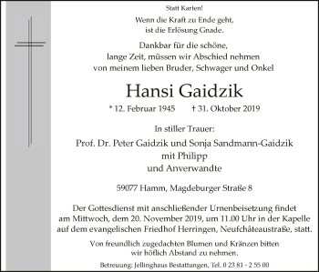 Traueranzeige von Hansi Gaidzik von MZV