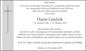 Traueranzeige von Hansi Gaidzik von MZV