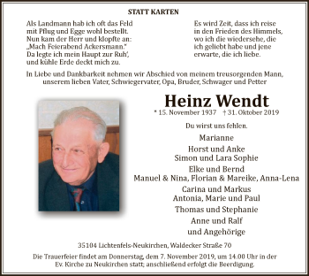 Traueranzeige von Heinz Wendt von MZV