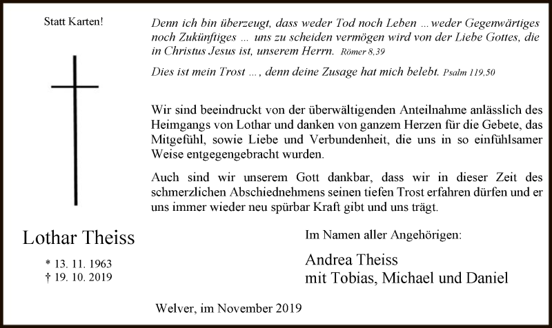  Traueranzeige für Lothar Theiss vom 30.11.2019 aus MZV