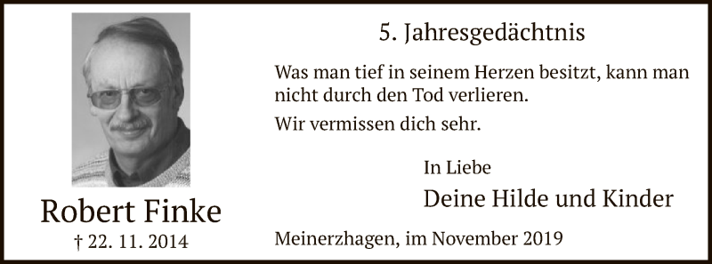  Traueranzeige für Robert Finke vom 22.11.2019 aus MZV