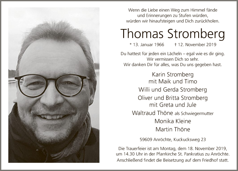  Traueranzeige für Thomas Stromberg vom 14.11.2019 aus MZV
