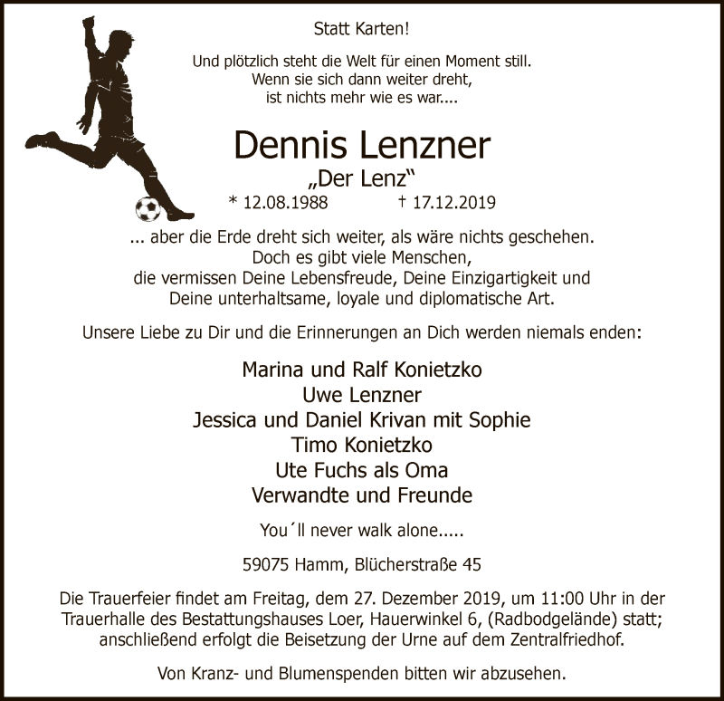  Traueranzeige für Dennis Lenzner vom 21.12.2019 aus MZV