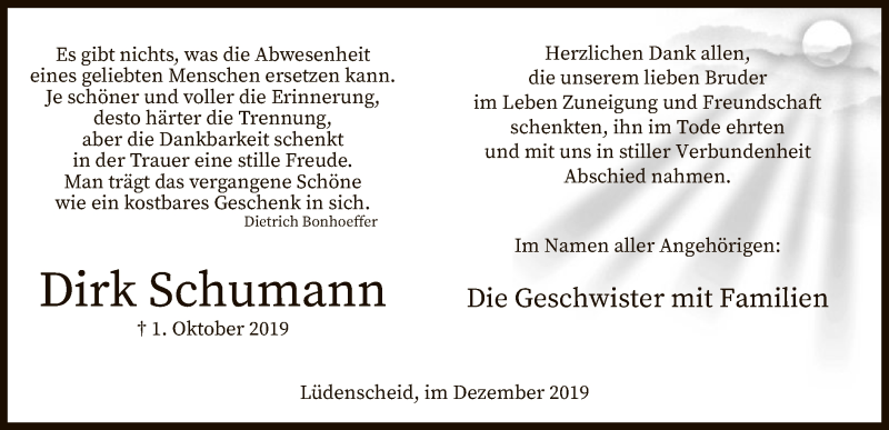  Traueranzeige für Dirk Schumann vom 07.12.2019 aus MZV