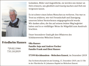 Traueranzeige von Friedhelm Hanses von MZV