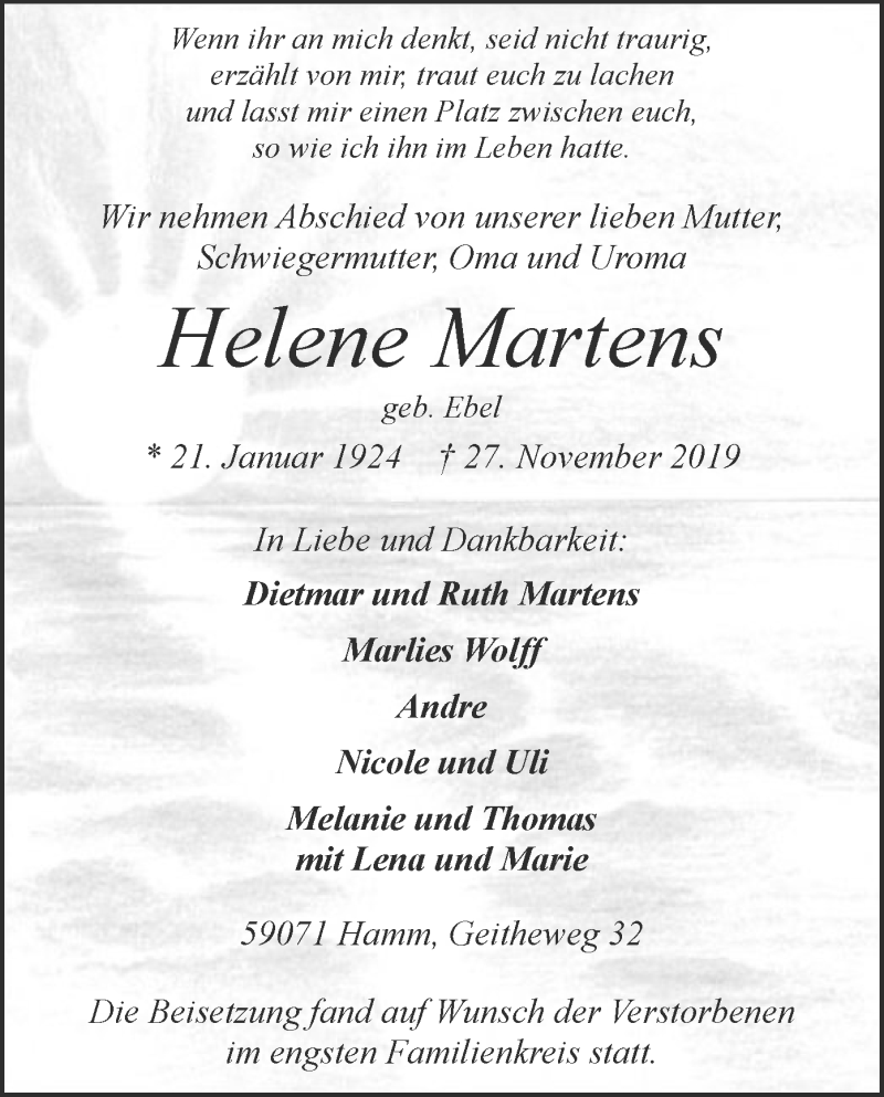  Traueranzeige für Helene Martens vom 14.12.2019 aus MZV